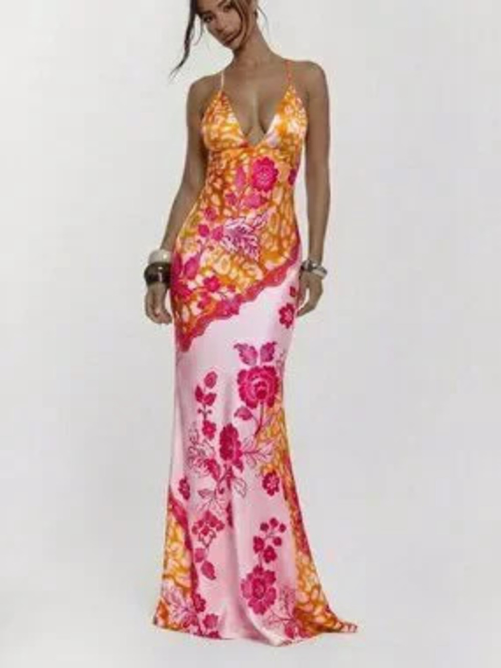 Pink Sexy Women's Fitted floral Print Maxi Dress Party